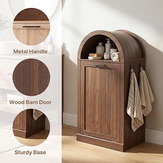 Seang Arched Tilt-Out Trash Can Cabinet,Laundry Hamper Cabinet with Foldable Laundry Basket,Wooden Hidden Garbage Can Cabinets with Metal Handle & Hooks,Walnut