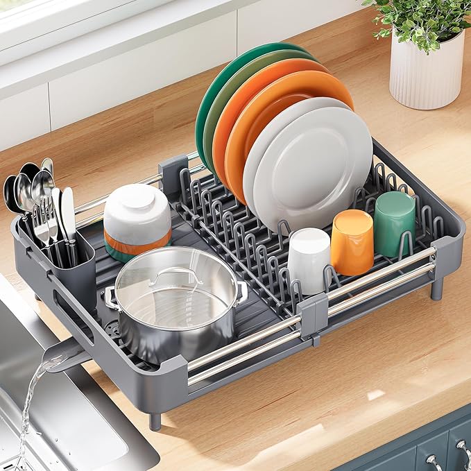 TOOLF Dish Drying Rack, Expandable Dish Rack for Kitchen Counter, Anti-Rust Dish Drainer, Sink Organization and Storage Essentials with Cutlery & Cup Holder, Gray