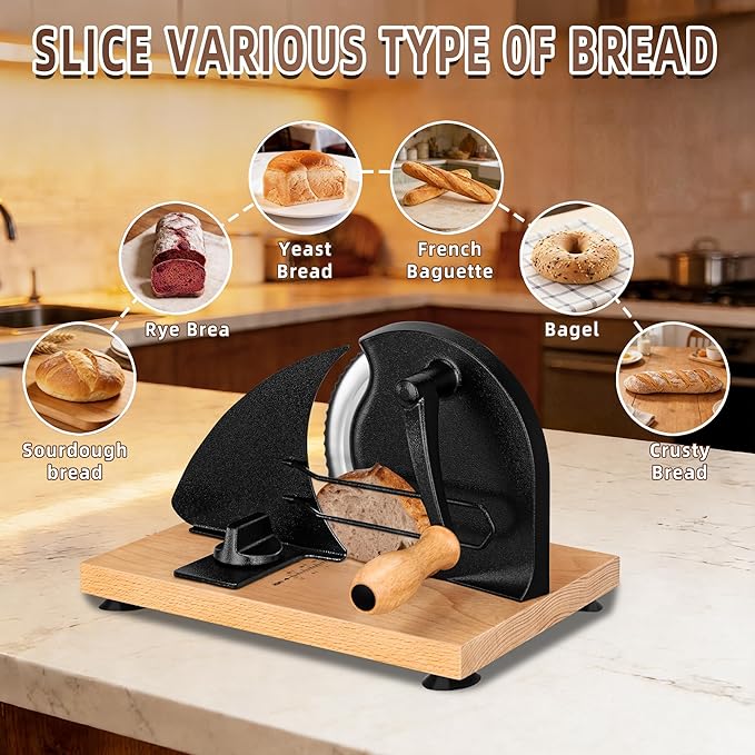Manual Bread Slicer for Homemade Sourdough Bread Adjustable Thickness Bread Cutter with Hand Crank, Slicing Guide, Scale Line, Stainless Steel Blade & Suction Cups, for Perfect Even Slices (Black)