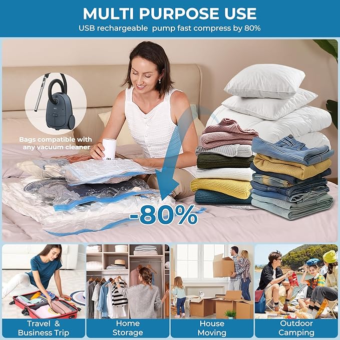 Vacuum Bags for Travel with Portable Electric Pump, 16 Pack Vacuum Seal Bags for Luggage and Suitcase Compression, Space Saver Vacuum Storage Bags for Clothes and Clothing Travel