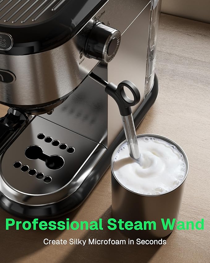 HBN 20 Bar Espresso Machine with Milk Frother, Compact Espresso Maker for Ground Coffee, Stainless Steel Coffee Machine with Steam Wand & 34oz Removable Water Tank, 1450W for Home & Office