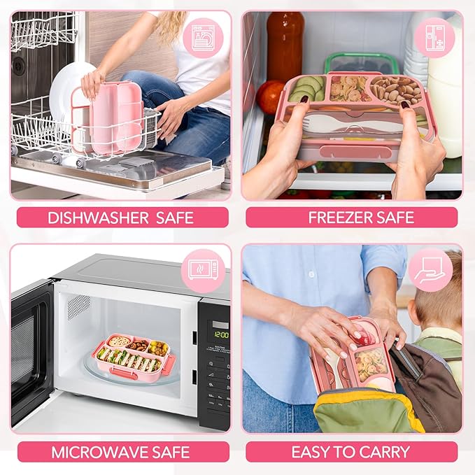 EASYFUN Bento Box Adult, Lunch Box, 4-Compartment Lunch Containers, Drop-Proof, Dishwasher Safe & Made with BPA-Free Materials (Pink)