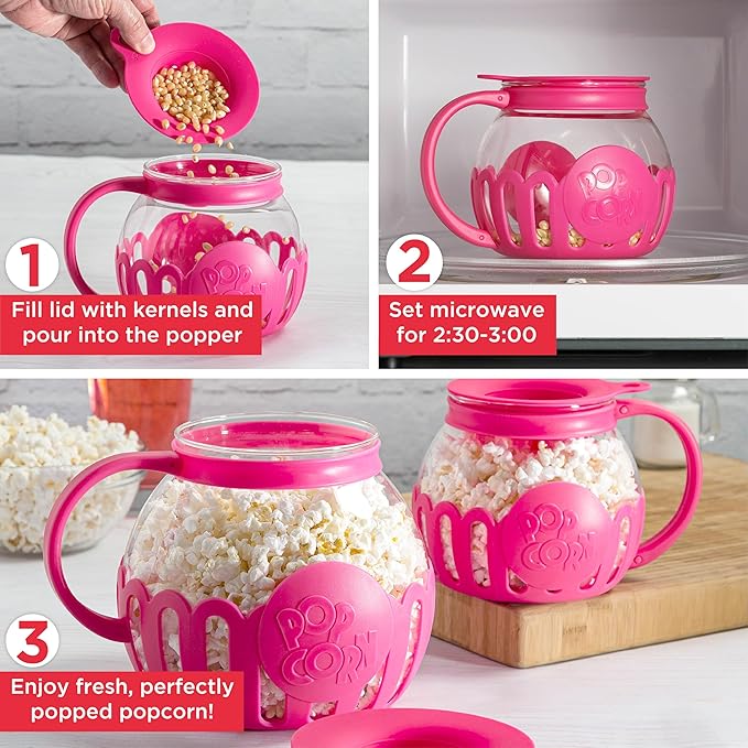 Ecolution Patented Micro-Pop Microwave Popcorn Popper with Temperature Safe Glass, 3-in-1 Lid Measures Kernels and Melts Butter, Made Without BPA, Dishwasher Safe, 1.5-Quart, Pink