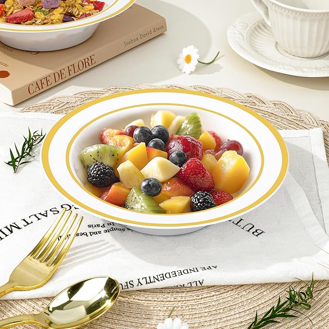 BESTVIP 200 Pack Plastic Bowls with Gold Rim, 12 Oz Disposable Bowls Disposable Bowls for Parties, Wedding, Christmas, Thanksgiving, Soak Proof Bowls for Breakfast, Lunch, and Dinner Meals