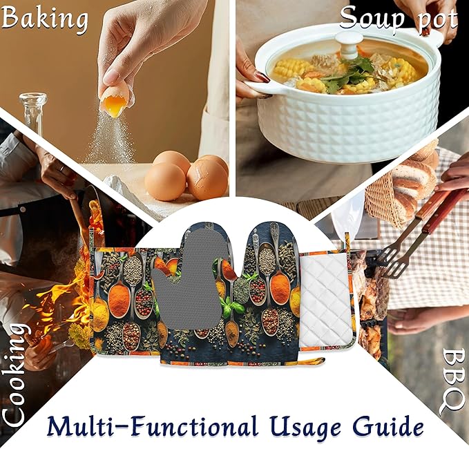 Oven Mitts and Pot Holders Sets Colorful Spices Silicone Kitchen Mits Potholders Cooking Herb Spoons Heat Resistant 4Pcs Oven Gloves Hot Pads for Baking Cooking BBQ Grilling Home Decor