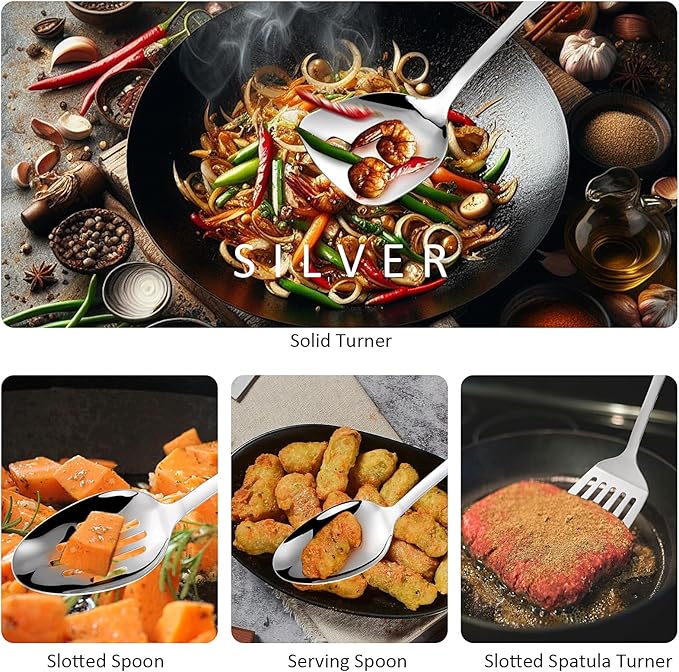 304 Stainless Steel Cooking Utensils Set,9PCS Metal Kitchen Utensils Set with Wooden Handle,Solid Spoon,Spatula,Ladle,Skimmer,Spaghetti Spoon,Dishwasher Safe