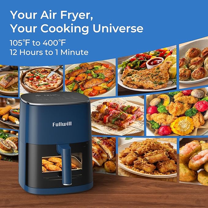 Fullwill 6QT Air Fryer with Viewing Window,12-in-1 Multi-Function Air Fry,Roast,Bake, Dehydrate, Fries,Nonstick and Dishwasher-Safe Basket,Family&friends Party,Max 400℉ Crisping 1700W,Blue