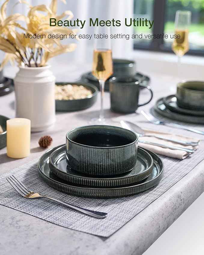 Famiware Star Stoneware Dinnerware Sets for 6 (24pcs), Chip and Scratch Resistant, Microwave & Dishwasher Safe Complete Dishes, Pasta Bowl, Cereal Bowl, Dinner Plate, Salad Plate, Ribbed, Deep Forest