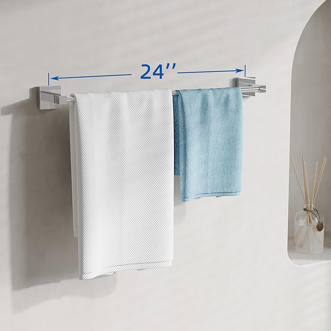 RUACQ Chrome Towel Bar 24 inch, 304 Stainless Steel Towel Racks for Bathroom Wall Mounted, Heavy Duty Bath Towel Rod with Square Base(Chrome)