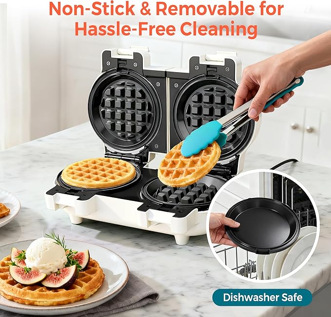 2-in-1 Double Waffle & Pancake Maker - CACHOO Mini 4" Nonstick Waffle Iron & Small Round Griddle with 4 Removable Plate Sets, Dishwasher Safe, Perfect for Small Spaces, Apartments & Dorms, Cream
