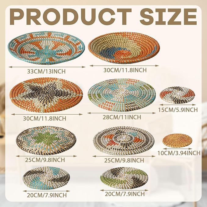 Tatuo 11 Pcs Boho Wall Basket Decor Bulrush Woven Wall Hanging Art Round Farmhouse Rustic Handmade Wicker for Summer Home, Bedroom, Living Room, Kitchen Decorations, Multi Sizes(Farmhouse)