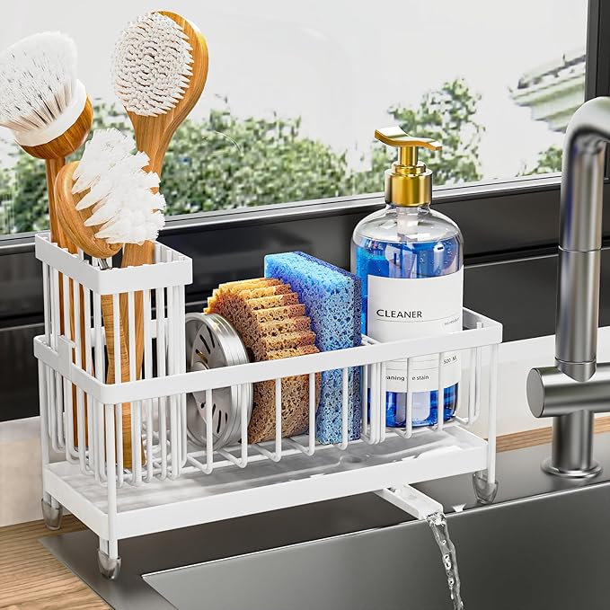 Cisily Sponge Holder for Kitchen Sink, Sink Caddy Organizer with High Brush Holder, Kitchen Countertop Organizers and Storage Essentials, Rustproof 304 Stainless Steel (White, 9.25″)