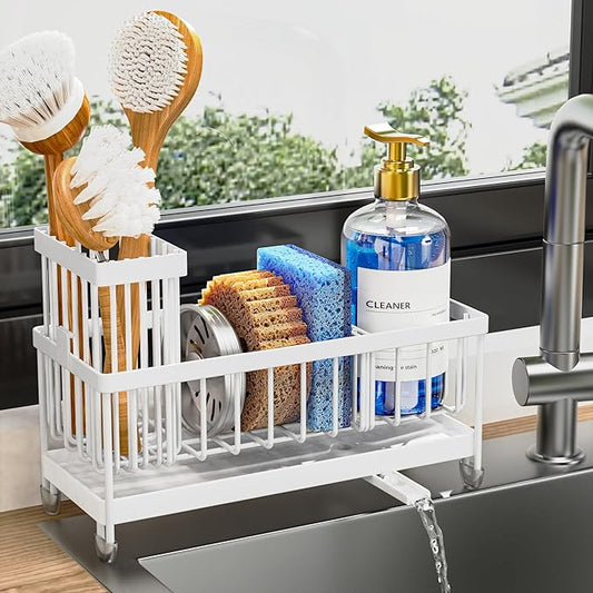 Cisily Sponge Holder for Kitchen Sink, Sink Caddy Organizer with High Brush Holder, Kitchen Countertop Organizers and Storage Essentials, Rustproof 304 Stainless Steel (White, 9.25″)