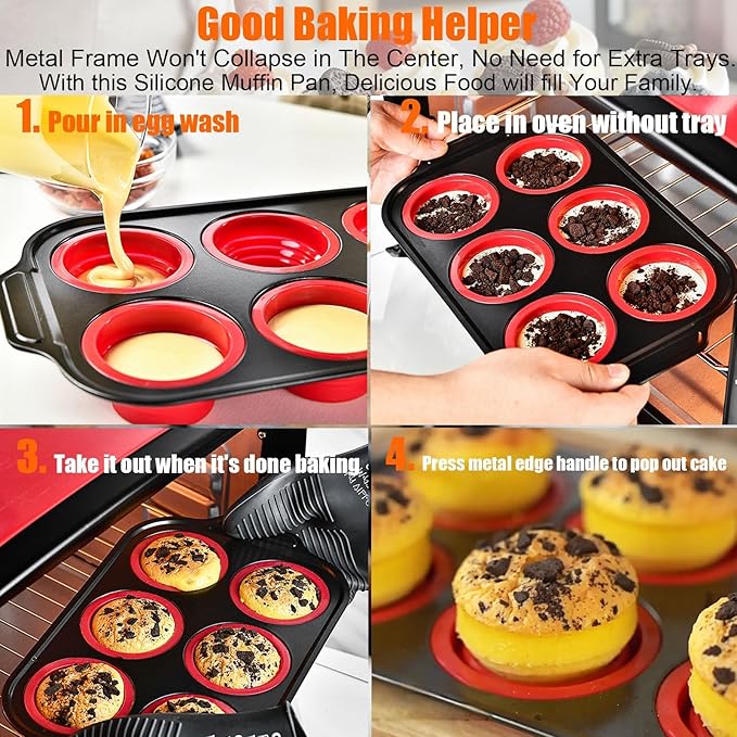Silicone Muffin Pan, 6 Cups Muffin Pans for Baking with Metal Frame, Cupcake Pan, Egg Bite Molds, Muffin Tin Tray Easy to Pop Nonstick Non Toxic Bakeware for Oven