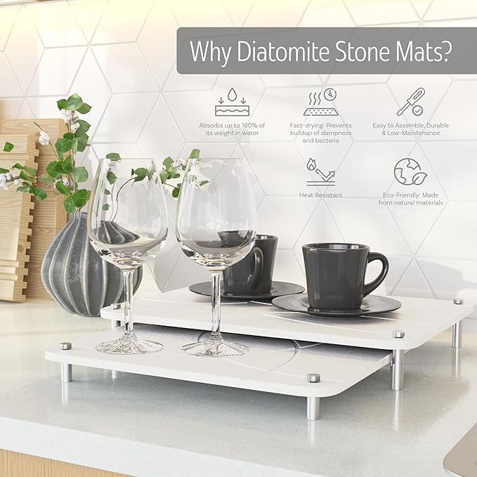 Nested Dish Drying Stone Mat with Bamboo Rack | 2 Pcs Diatomaceous Earth Stone Drying Mats for Kitchen Counter with Non-Slip Feet | Collapsible Large Drying Stone for Dishes (White)
