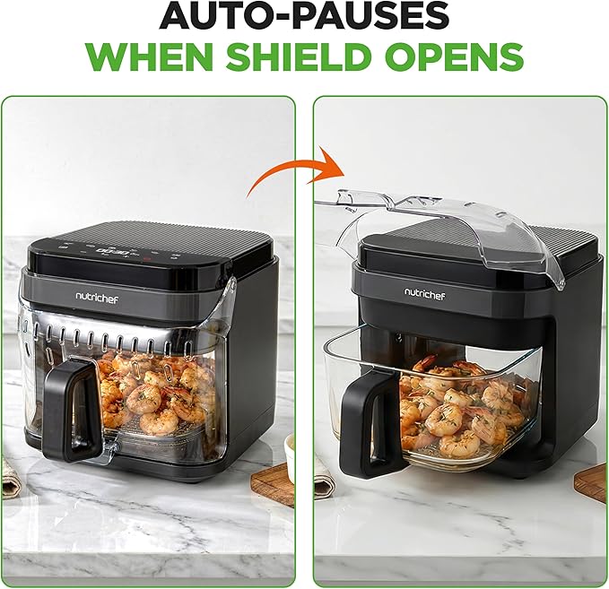 NutriChef 5.8 Quart Air Fryer | Glass Airfryer with 8-in-1 Digital Presets | Stainless Steel Fryer Design | Glass Fry Bowl with Flip-Up Safety Shield | Compact Air-Fryer for Even Cooking | Black