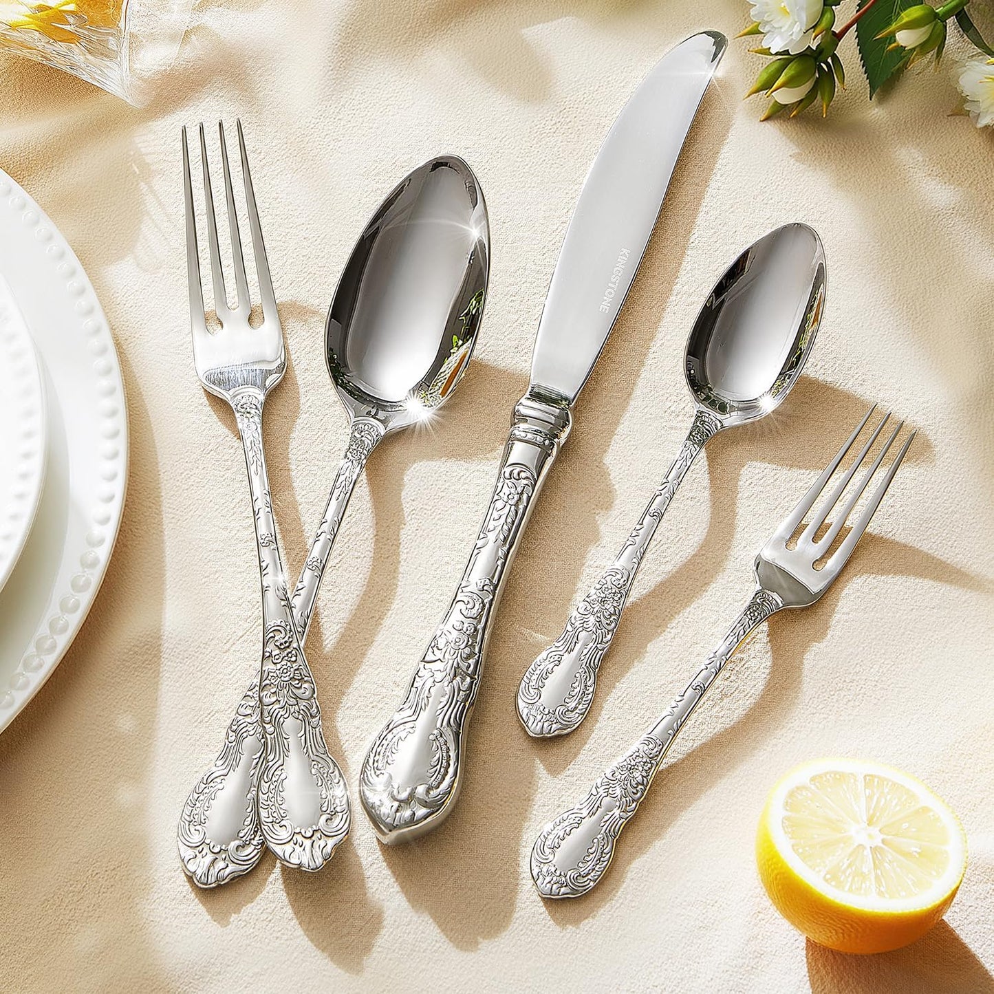 KINGSTONE Vintage Carved Silverware Set, 20-Piece 18/10 Stainless Steel Flatware Cutlery Set with Retro Royal Thick Handle, Tableware Utensils for Home, Restaurant, party, Wedding, Dishwasher Safe