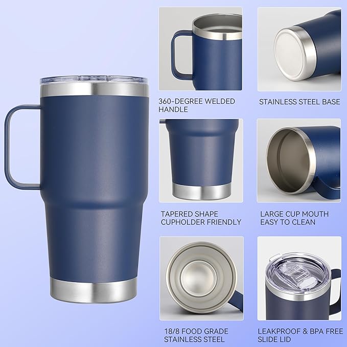 20 oz Stainless Steel Tumbler with Handle Bulk Metal Insulated Tumblers Travel Coffee Mug with Handle Double Wall Tumbler Cup with Lid and Straw, Navy 6 Pack