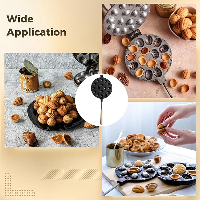 16-Cavity Nonstick Walnut Cookie Maker, Oreshi Mold with Long Wooden Handle, Russian Oreshki Baking Iron, Aluminum Alloy Dessert Pan