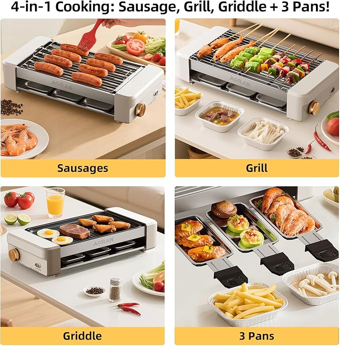 AORAN Electric Indoor Grill Smokeless, 800W Countertop Grill with Removable Non-Stick Cooking Plates & Hot Dog Rack, Easy to Clean, 13.4x8.3 Inch for BBQ, Panini, Meat, Vegetables