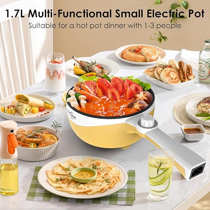 Audecook Hot Pot Electric, 1.7L Mini Electric Skillet Portable Nonstick Sauté Pan with Power Adjustment, Ramen Cooker Travel Multicooker for Steak/Soup/Egg/Oatmeal/Noodles