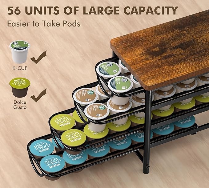 HFHOME Coffee Pod Holder with Wooden Top, Compatible with K-Cups, 4-Tier Coffee Capsule Storage Drawer, 56 Capacity Pods Organizer for Kitchen Counter, Home, Office, Black