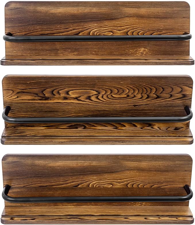 MyGift Plate Wall Hangers for Display, Set of 3 Wall Mounted Plate Rack for 6 to 10 Inch Plates, Decorative Wood Stand Shelf and Black Metal Rack Decor Hangers