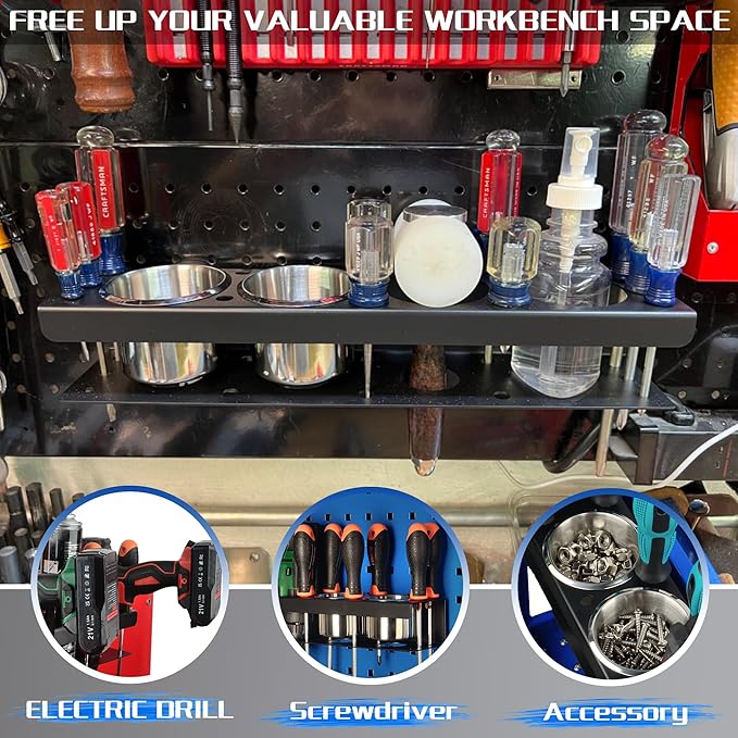 ULIBERMAGNET Magnetic Spray Can Holder,Magnetic Power Tool Organizer Rack,Heavy Duty Cup Drill Holder,Wall Mount Metal Tool Rack with Screwdriver, Cordless Drill, Spray Bottle, Utility Rack for Garage