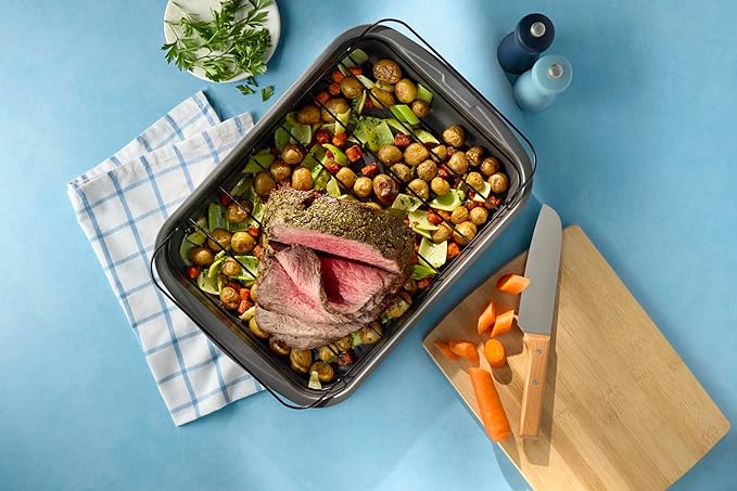 GoodCook Everyday Roast Pan with Rack Rectangular Nonstick Construction Large Capacity Metal Utensil-Safe, 15 x 11-Inch, Gray