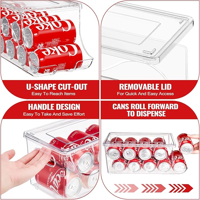 SCAVATA 2 Pack Stackable Refrigerator Organizer, Soda Can Dispenser Pop Cans Container Beverage Holder with Lid for Fridge, Freezer, Kitchen, Clear Plastic Storage Bins-Holds 10 Cans Each