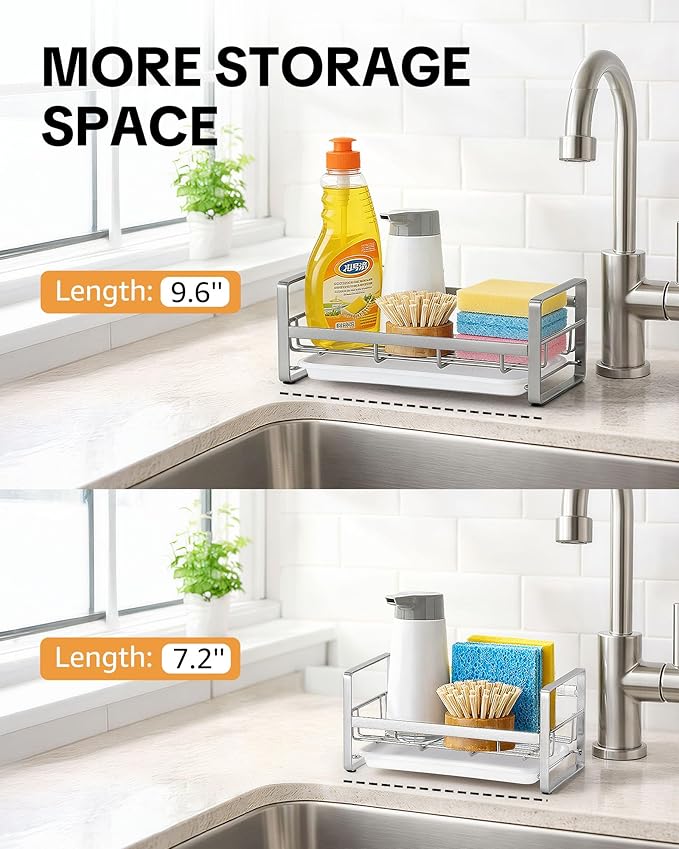 HULISEN Large Sponge Holder, 304 Stainless Steel Kitchen Soap Dispenser Caddy Organizer, Countertop Soap Dish Rack Drainer with Removable Drain Tray, not Including Dispenser and Brush, Grey