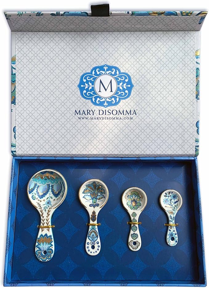 Mary DiSomma’s Ceramic Measuring Spoons (Set of 4) | Unique Signature Floral Print Design for each, Gold Overlay, Teal, Blue, Robin’s Egg Blue, Lime Green, Metallic Gold Chain, Boxed gift set