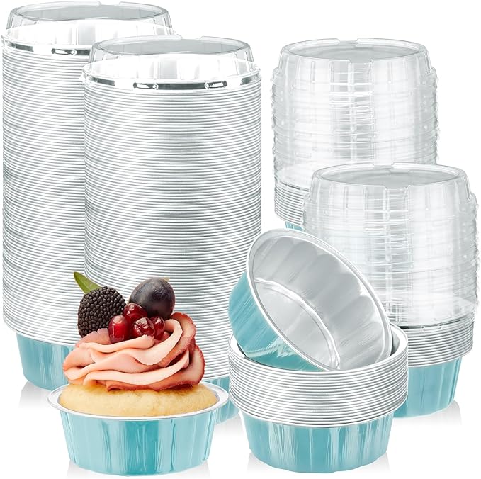 Tessco for you 100 Pcs Disposable Ramekins with Lids 8 oz Creme Brulee Ramekin Aluminum Foil Cup Cupcake Liner Baking Valentines Disposable Muffin Tin Pan Cheesecake Container (Blue,Silver)