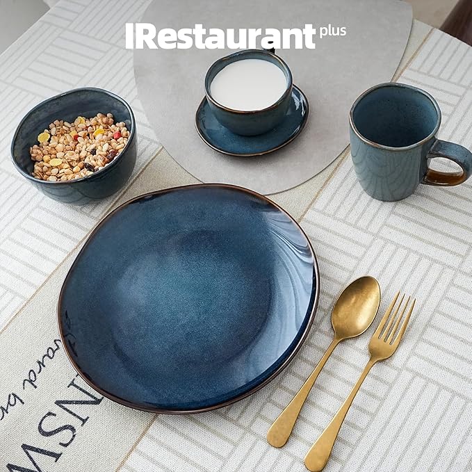 Organic Shape Restaurant 8OZ Coffee Cup and Saucer, Commerical Grade Catering Stoneware Cup and Saucer in Ir-regular Organic Shape, Chip & Scratch Resistant, Glossy Reactive Glaze Blue, Case of 24