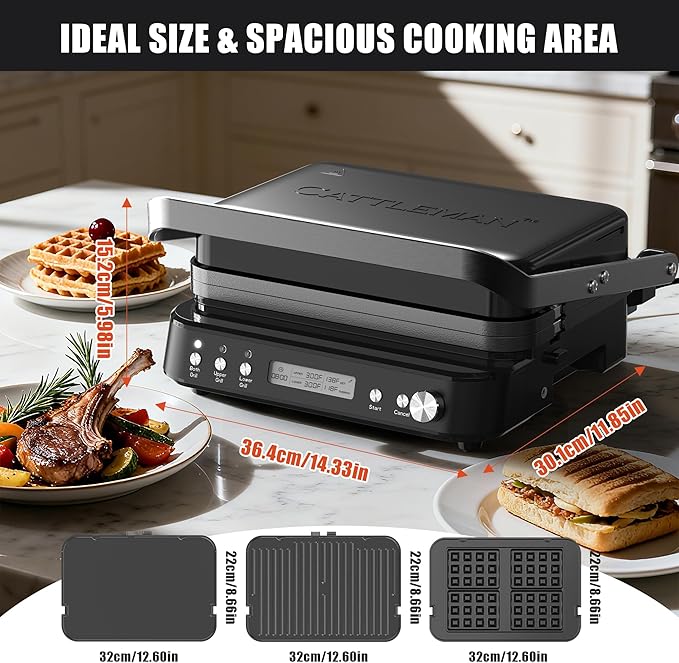CATTLEMAN Panini Grill Press Sandwich Maker with Removable Plates, 1600W, 6 in 1 Waffle Maker & Electric Indoor Grill with Meat Thermometer, PFAS Free Ceramic Nonstick Reversible Plates, Opens Flat