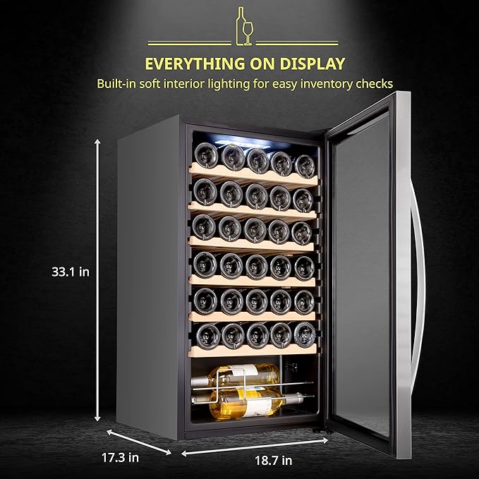 SCHMÉCKÉ 34 Bottle Compressor Wine Cooler Refrigerator w/Lock - Large Freestanding Wine Cellar For Red, White, Champagne or Sparkling Wine - 41f-64f Digital Temperature Control Fridge Stainless Steel