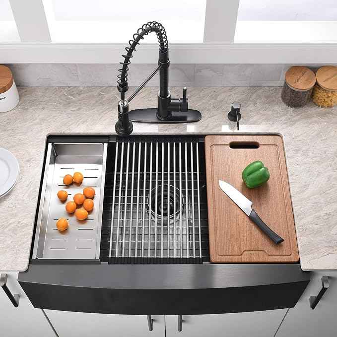 33 Inch Farmhouse Kitchen Sink Workstation Black - VOKIM 33x22 Apron Front Kitchen Sink Stainless Steel 16 Gauge Single Bowl Gunmetal Farm Sink