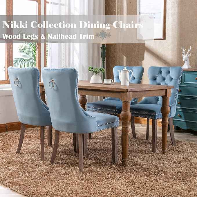 Upholstered Dining Chairs Set of 4, Velvet Dining Room Chairs with Back Ring Pull Trim and Solid Wood Legs, Tufted Wingback Kitchen Chair Perfect for Dining Room,Living Room,Kitchen(Light Blue)