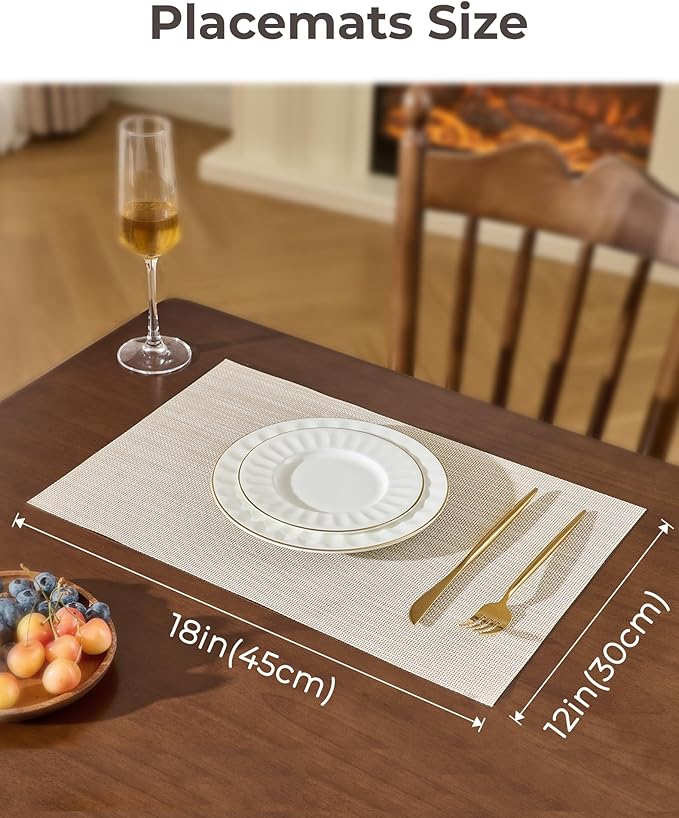 Leetaltree Beige White Placemats Set of 16 - Heat Resistant Non-Slip Place mats for Dining Table, Washable Durable PVC Vinyl Woven Table Mats(Beige White, 16)