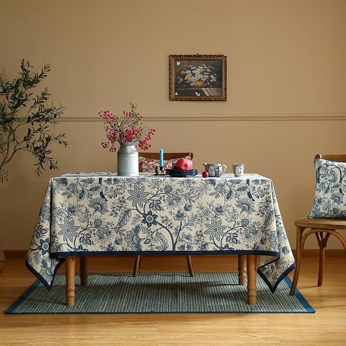ISAENNE Designer French Linen Long Rectangle Tablecloth,Blue Floral Washable Indoor Table Cloth,Durable Home Decor Tablecloths for Dining Thanksgiving Kitchen Party Christmas,63"*102"-Ruyi B