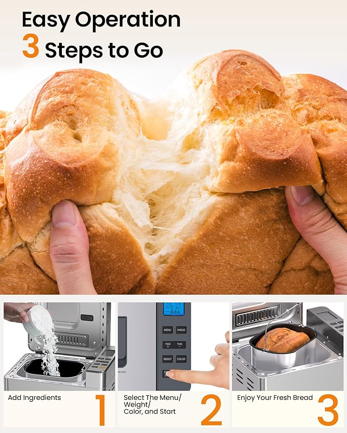 KOVIET 25-in-1 Bread Maker Machine with Automatic Dual Dispenser, 2LB Stainless Steel Breadmaker with Gluten-Free, Dough, Jam, Yogurt etc Settings, Silver