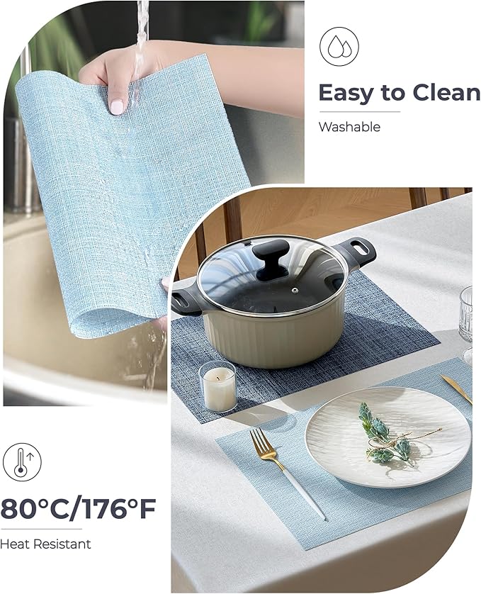 Leetaltree Soft Sky Blue Woven Placemats Set of 8 - Heat Resistant Non-Slip Place mats for Dining Table, Washable Durable PVC Vinyl Woven Table Mats(Sky Blue, 8)