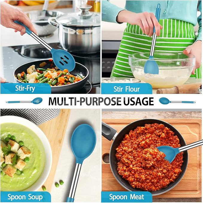 Pack of 2 Large Silicone Cooking Spoons, Non-Stick Stainless Steel Slotted and Solid Spoon Set for Serving, Mixing, Draining, Heat Resistant, Scratch Resistant and BPA Free Kitchen Scoops (Blue)