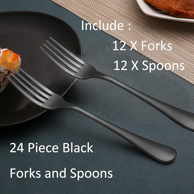 24 Piece Black Forks and Spoons Silverware Set for 12, Stainless Steel Dinner Forks(8 Inch) and Spoons(6.7 Inch) Black Silverware Set, Heavy-Duty Cutlery Set, Dishwasher Safe