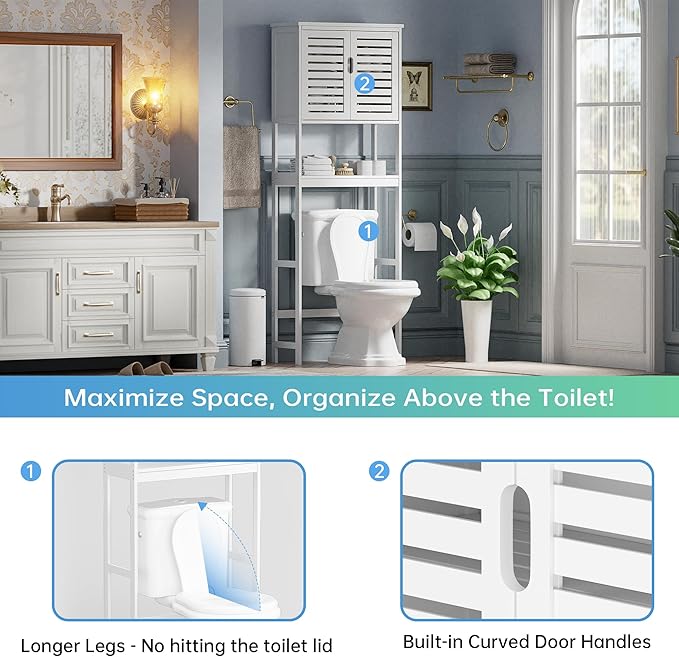 SMIBUY Bathroom Over The Toilet Storage Cabinet, 2 Door Bamboo Cabinet Organizer, Freestanding Space Saver Toilet Rack with Adjustable Inside Shelf and Open Shelf (White)