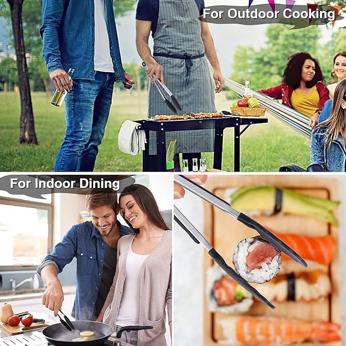 Kitchen Tongs Set of 3, Black Cooking Tongs with Silicone Tips, Non-Stick Non-Scratch Heat Resistant Tongs for Grilling Cooking BBQ Buffet Salad (Black, 7/9/12 Inch)