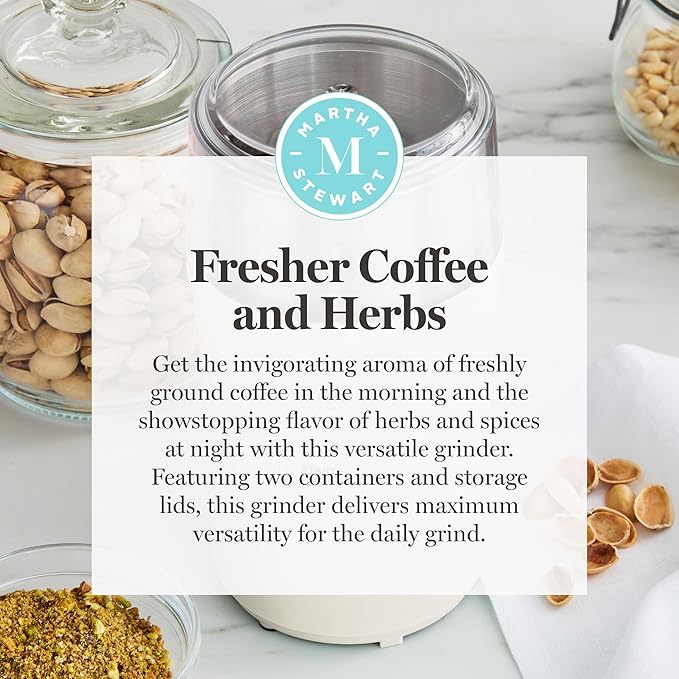 Martha Stewart Electric Coffee & Spice Grinder, Dual 2.5oz Removable Bowls, Storage Lids, Stainless Steel Blades, One Touch Pulse Control, 2-in-1 Compact, Beans & Spices, Herbs & Nuts, Linen White