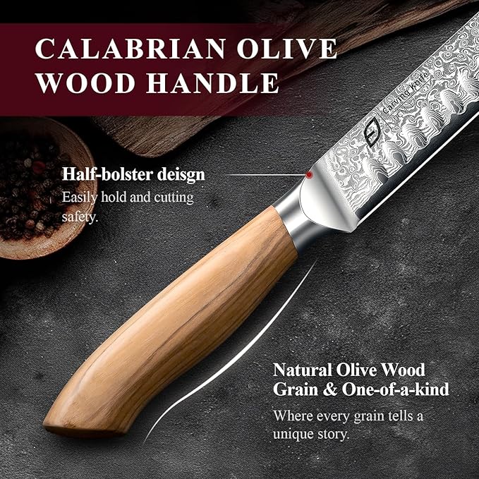 Emojoy Damascus Brisket Slicing Knife, 12" Carving Knife with Japanese Steel, Olive Wood Handle, Luxury Wooden Gift Box, Razor Sharp for Meat & Turkey