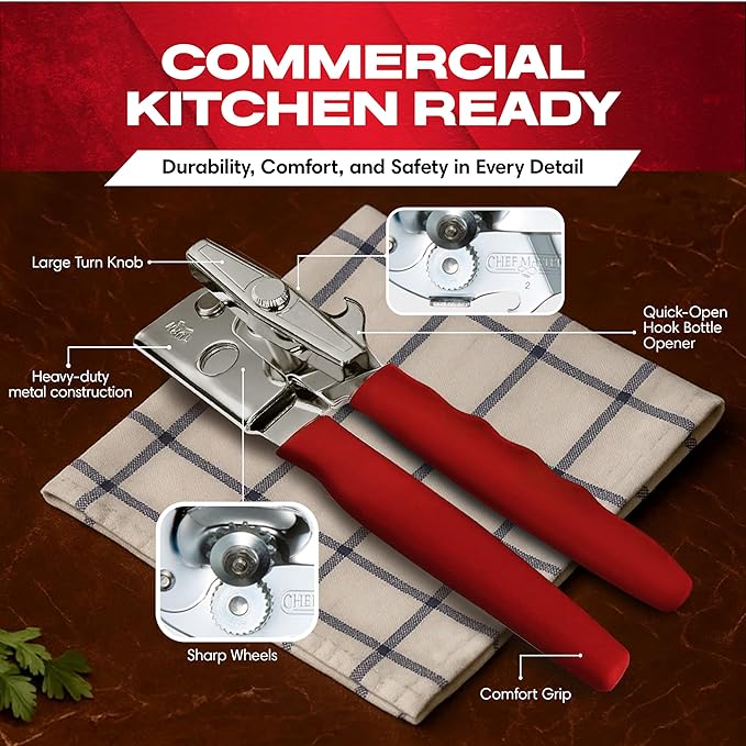 Chef-Master Commercial Can Opener, Multi-Purpose Can-Opener Manual, Easy Turn Anti-slip Grip Knobs, Sharp Cutting Discs, Manual Handheld With Soft Handle for Large Cans & Kitchen Use -90226