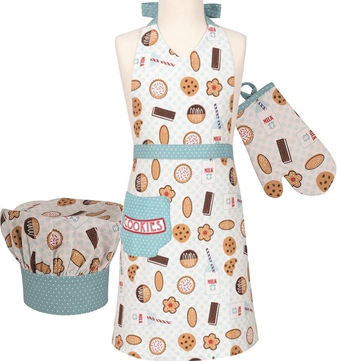 Handstand Kitchen Child's 100% Cotton Bright Pastel Print Apron, Mitt and Chef's Hat Set - Milk & Cookies